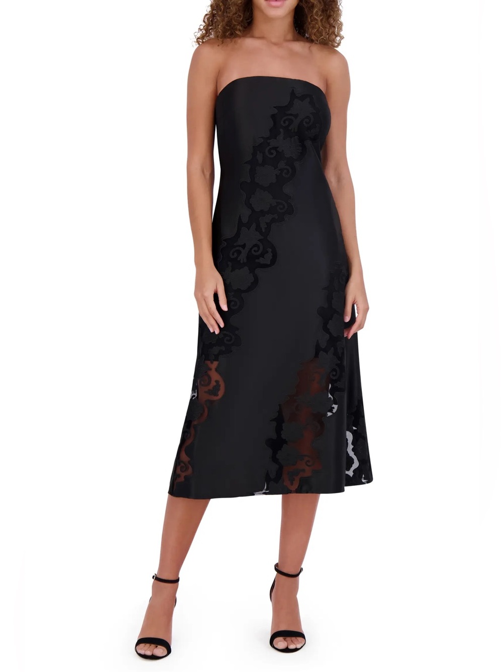Embroidered Strapless Matte Satin Midi Dress